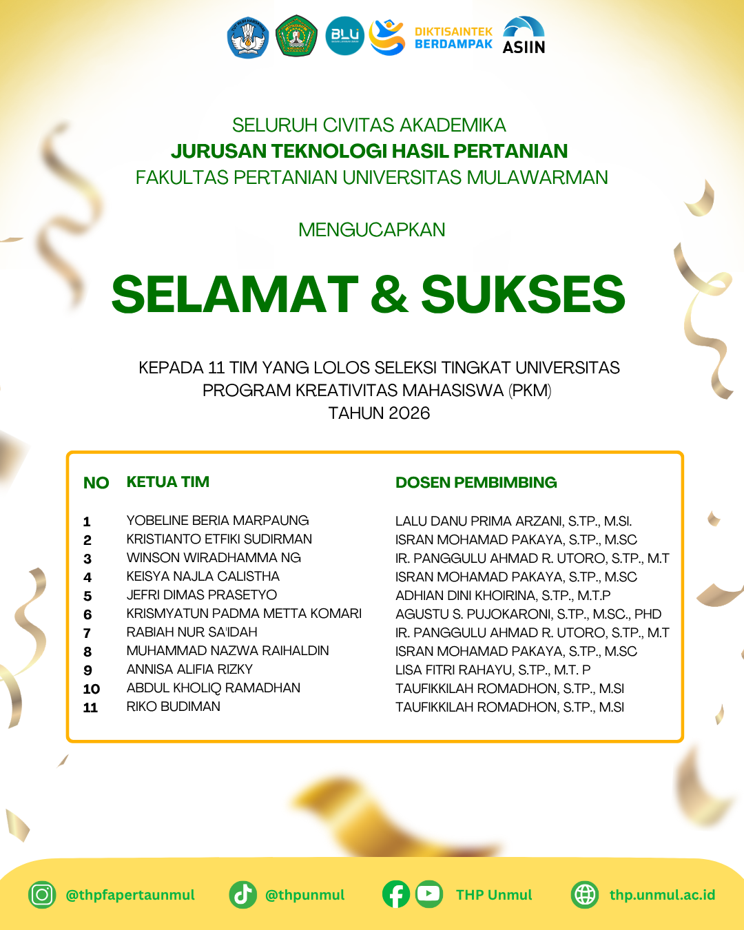 11 Tim Mahasiswa THP Unmul Lolos Seleksi PKM Tingkat Universitas 2026, Siap Melaju ke Seleksi Nasional